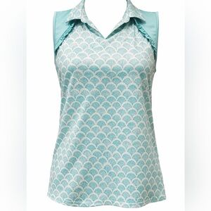 Stella Parker Sport Sleeveless Golf Polo Top NWOT Teal Aqua Shell Print M